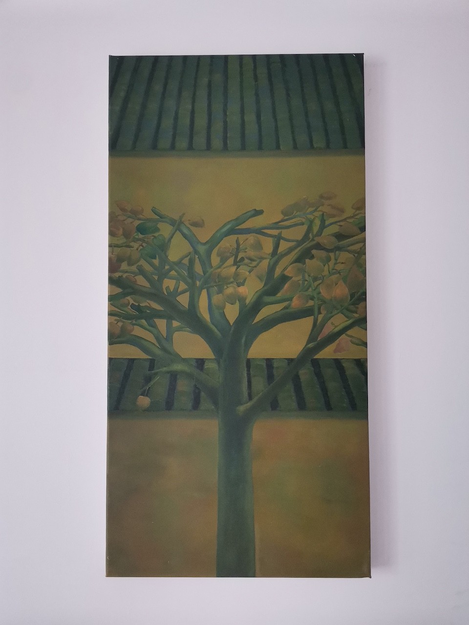 A stylized tree with green branches and fruit-like shapes against a striped background.