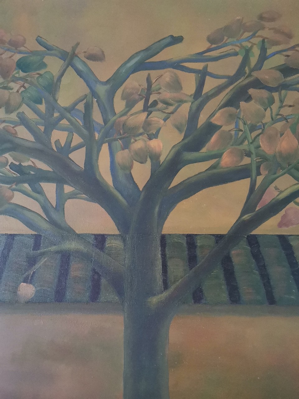 A stylized tree with green branches and fruit-like shapes against a striped background.