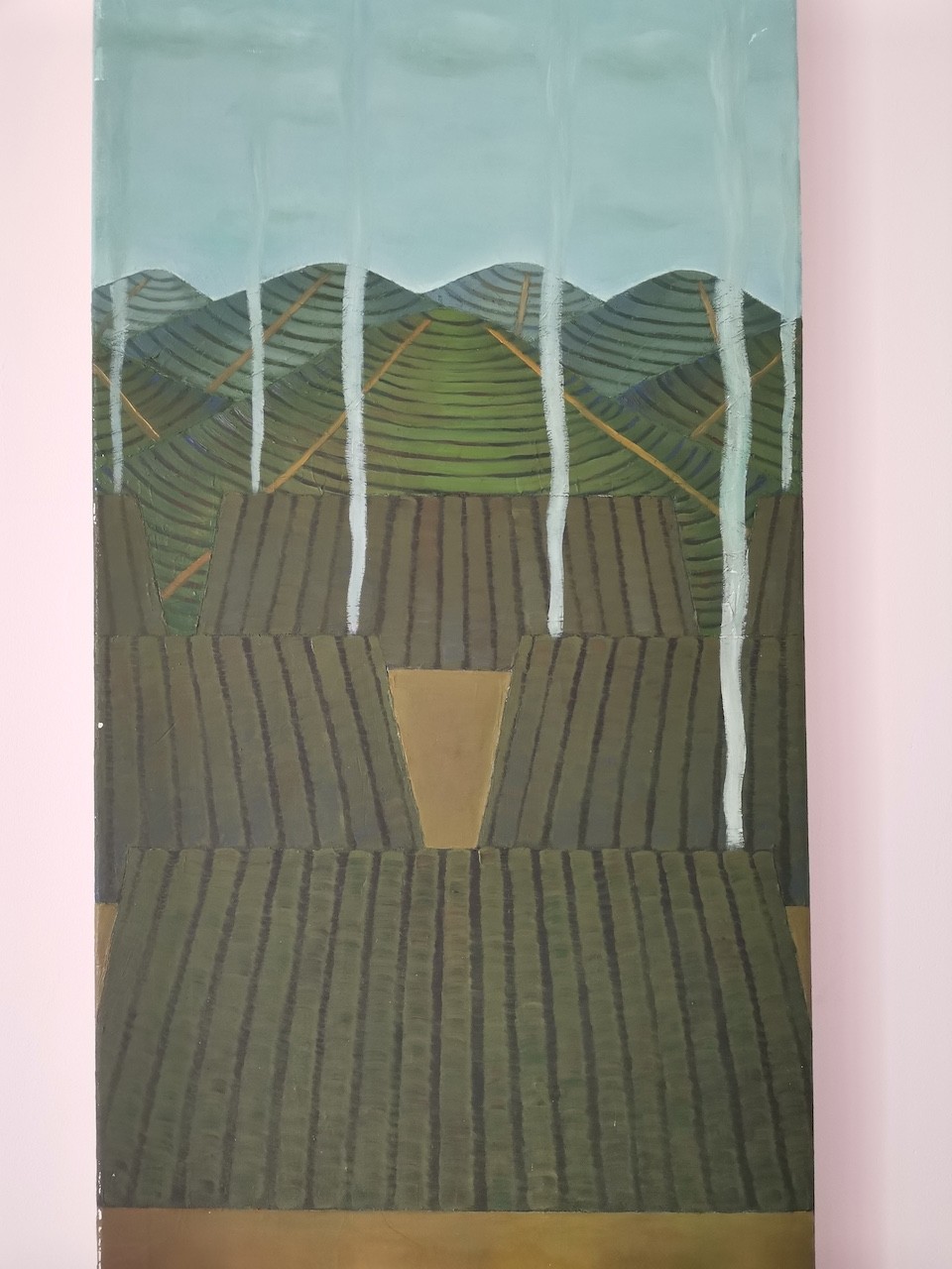 A vertical painting depicting a stylized landscape of layered hills under a cloudy sky.