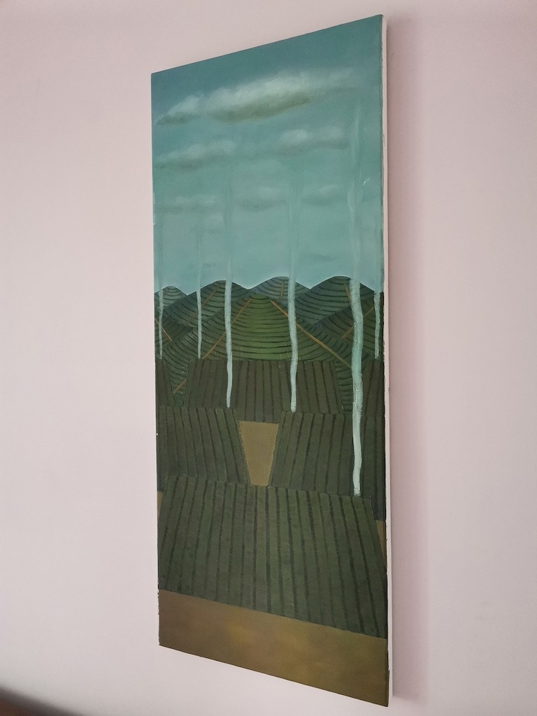 A vertical painting depicting a stylized landscape of layered hills under a cloudy sky.