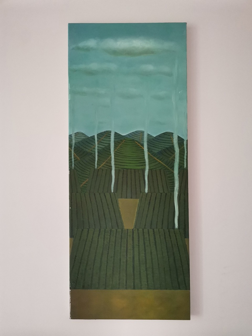 A vertical painting depicting a stylized landscape of layered hills under a cloudy sky.