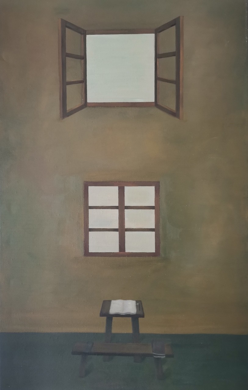 A quiet interior scene featuring a small table with an open book, set against a wall with two windows.
