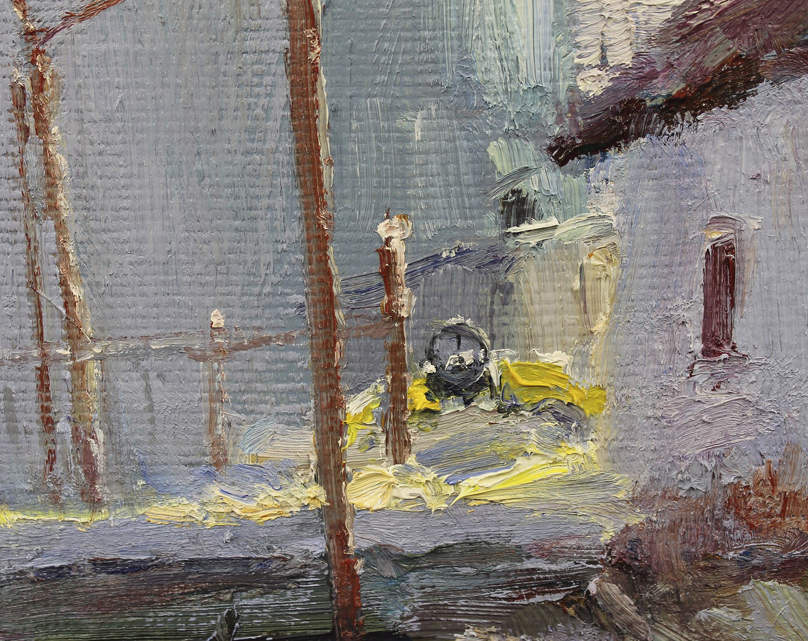 An impressionist oil painting of an industrial riverside scene featuring a bridge, a small house, and large storage tanks.