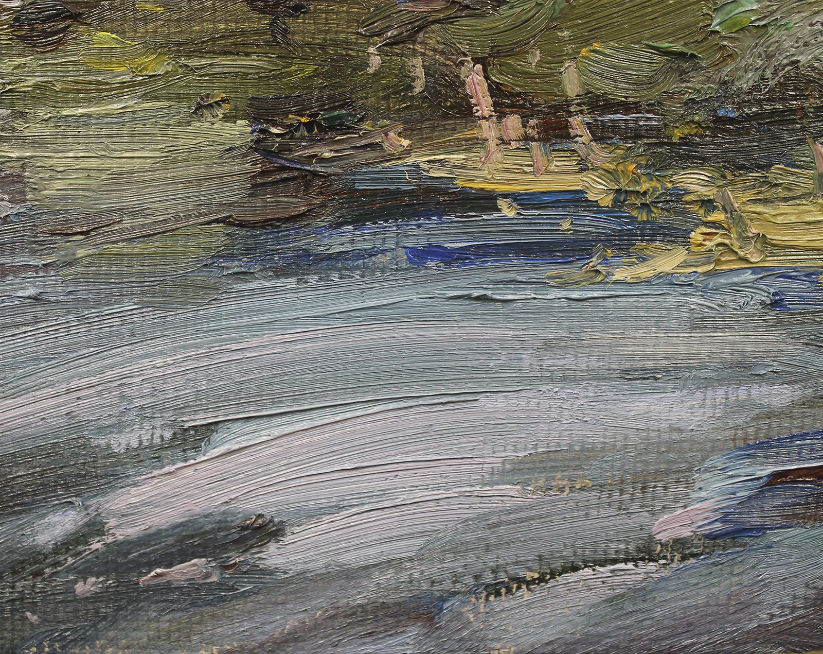 An impressionist oil painting of an industrial riverside scene featuring a bridge, a small house, and large storage tanks.