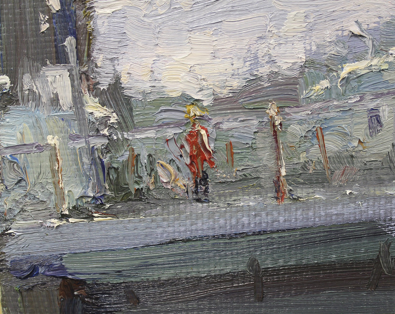 An impressionist oil painting of an industrial riverside scene featuring a bridge, a small house, and large storage tanks.