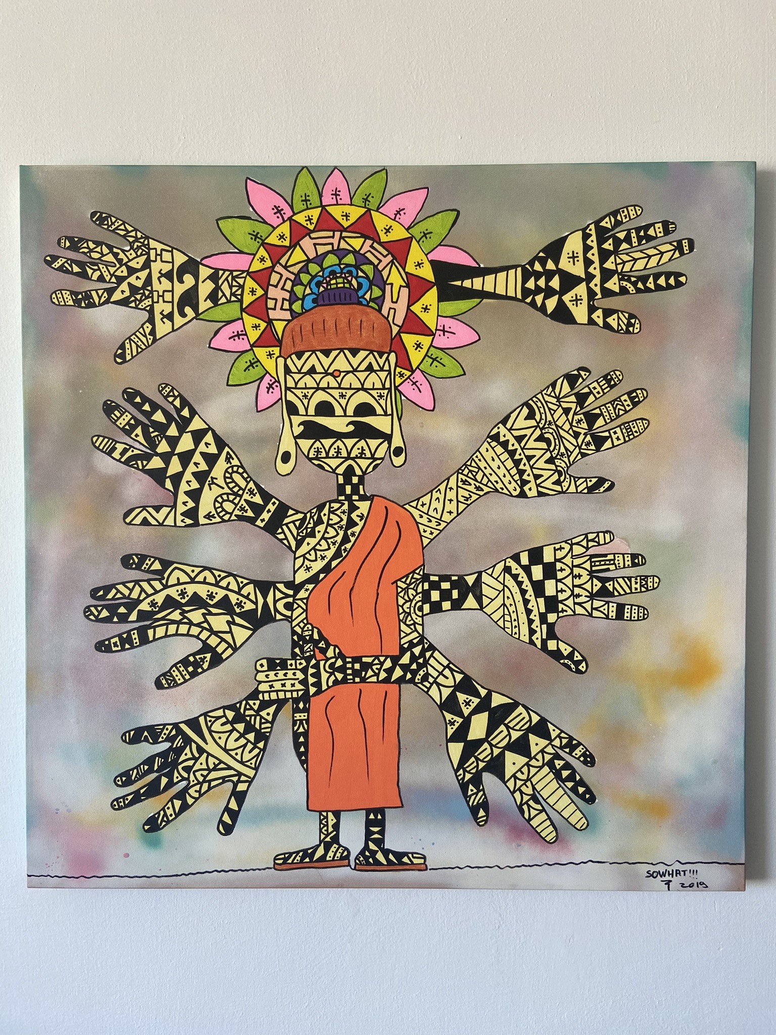 A vibrant, multi-armed figure adorned with intricate patterns and a colorful floral crown.