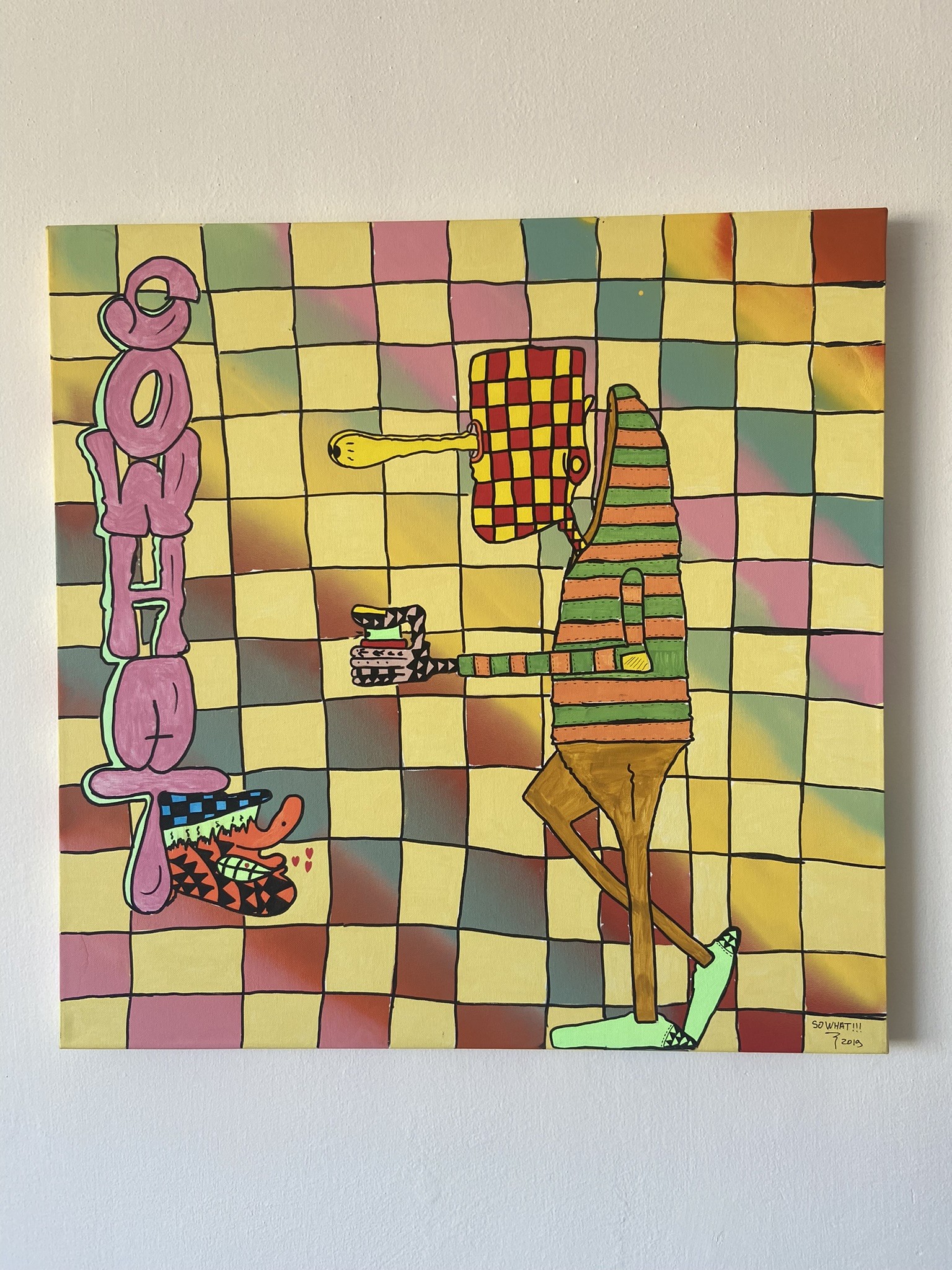 A colorful pop-art style illustration of a checkered figure holding a stack of books against a grid background.