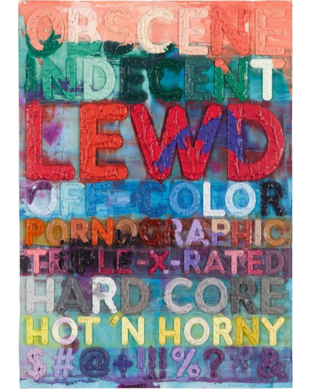 A colorful, textured collage of bold words and symbols against a vibrant background.