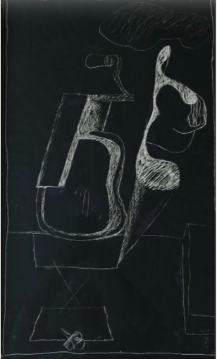 A chalk drawing of a stylized figure with abstract geometric forms on a black background.
