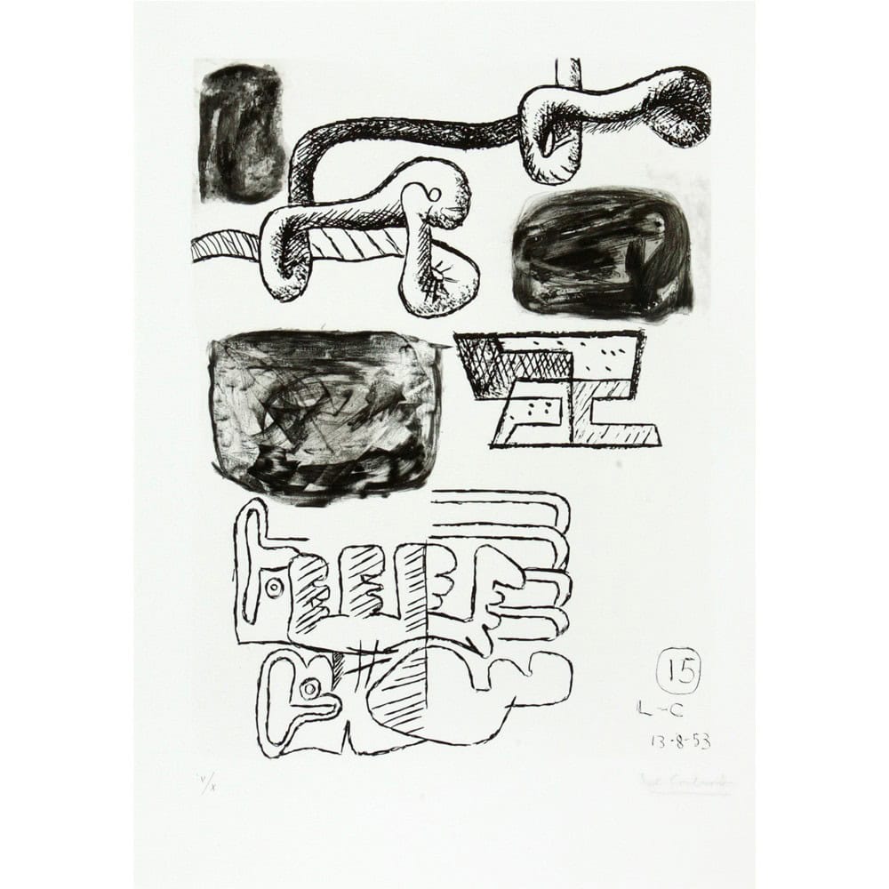 An abstract ink study featuring organic shapes and geometric forms on white paper.