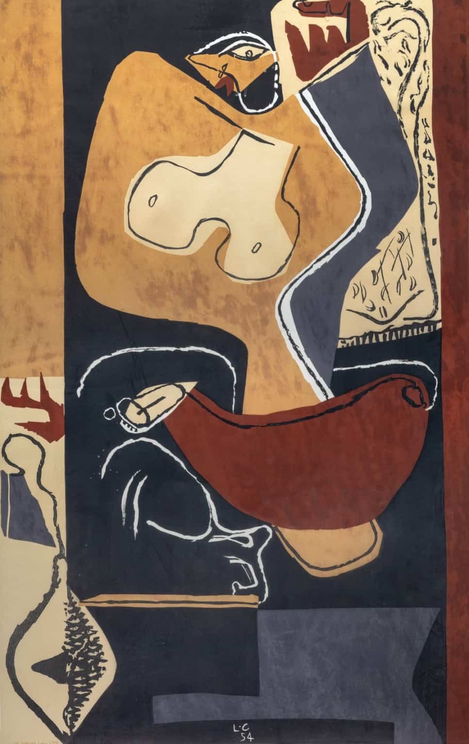 A stylized portrait in a cubist style featuring a figure with bold lines and fragmented forms.