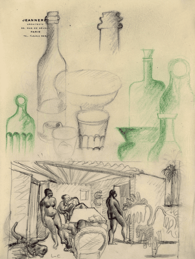 A mixed-media sketch combining green-tinted glass bottles with a charcoal scene of nude figures in an architectural setting.