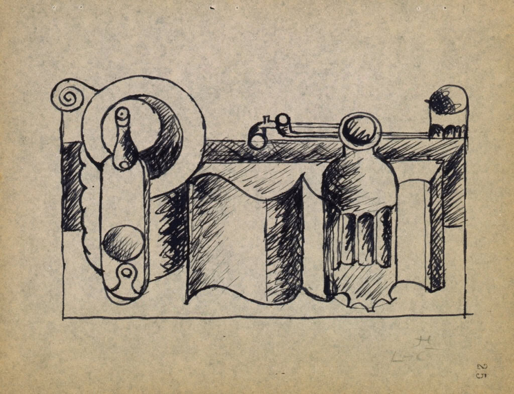 A monochromatic sketch of a mechanical device with ornate, gear-like components and a central cylindrical body.