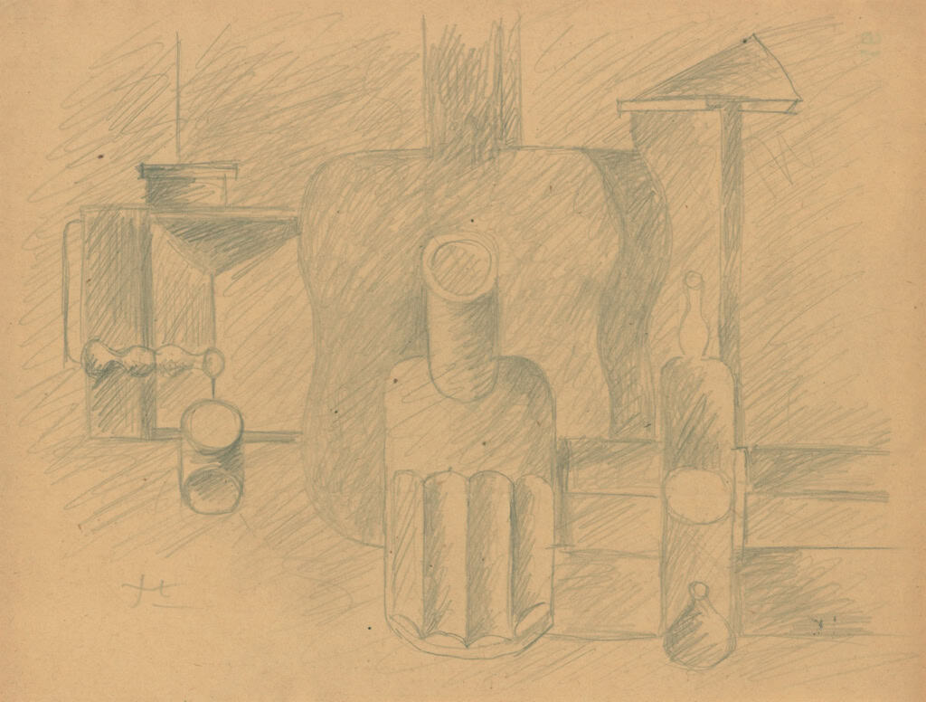 A monochromatic still life sketch featuring a central bottle flanked by other glassware and geometric forms.