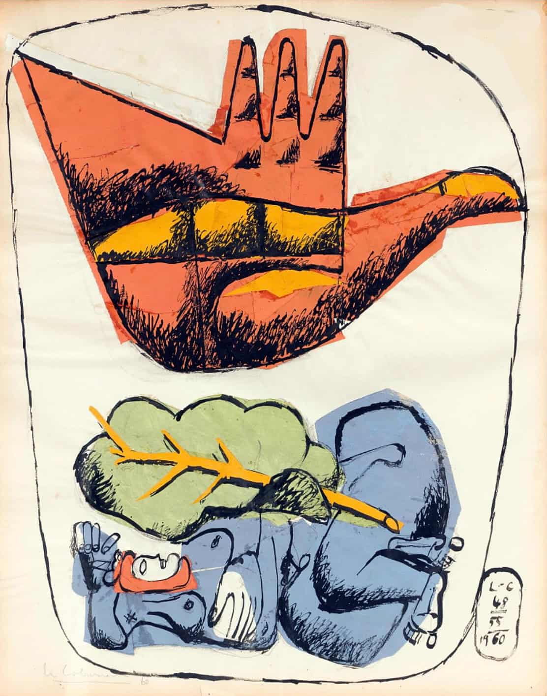 A surreal composition featuring a large orange teapot hovering over a blue figure holding a green tree.