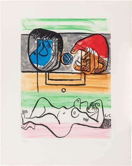 A surreal composition featuring a reclining nude figure and an abstracted face with bold colors.