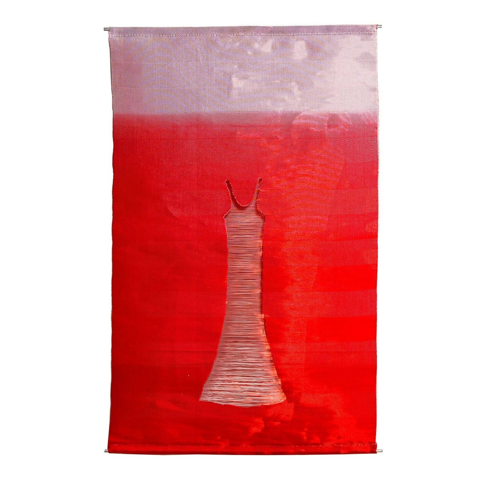 A red and white painting of a dress hanging on a wall.