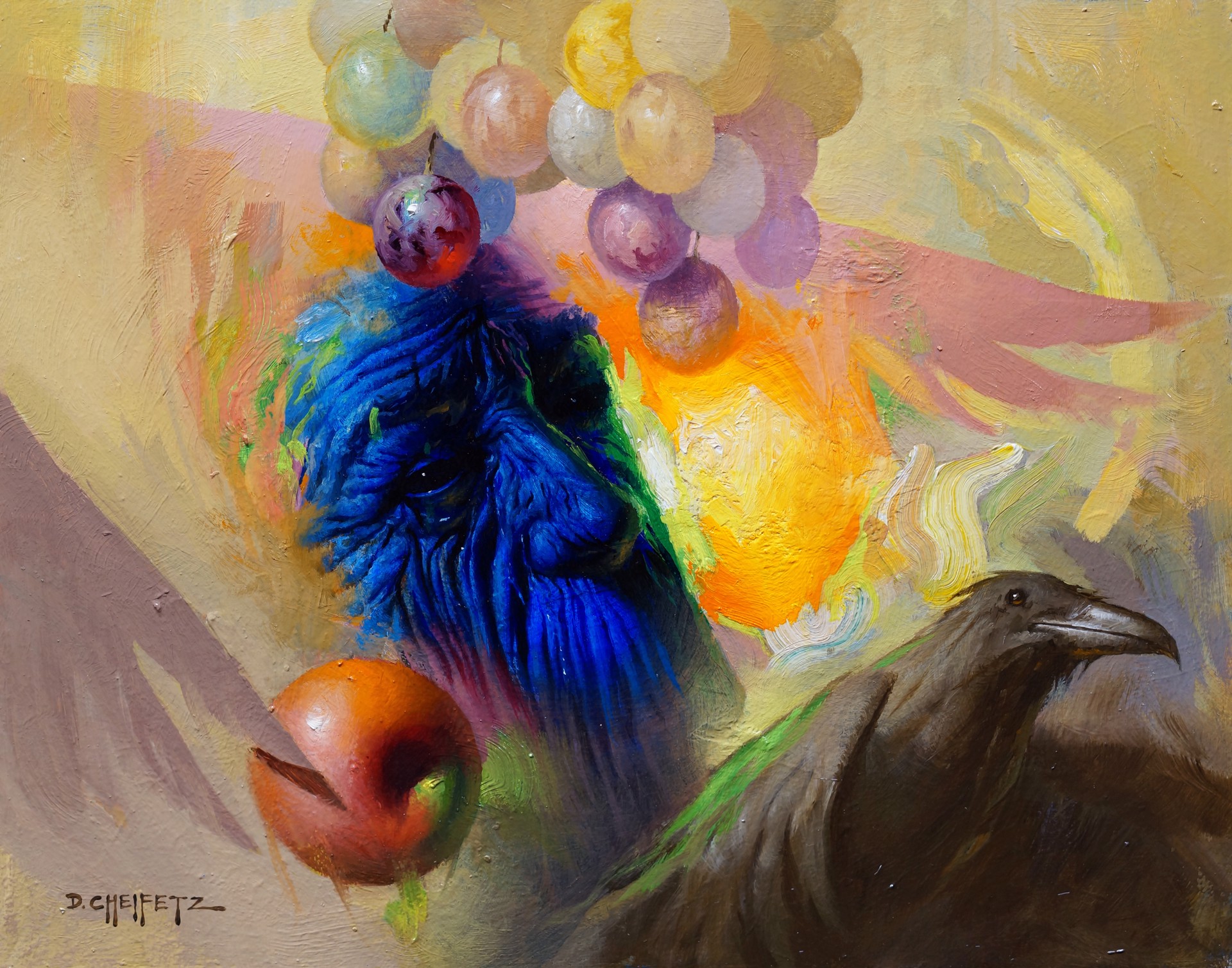A surreal still life featuring a vibrant blue bird, a black crow, and colorful fruit against a warm, abstract background.