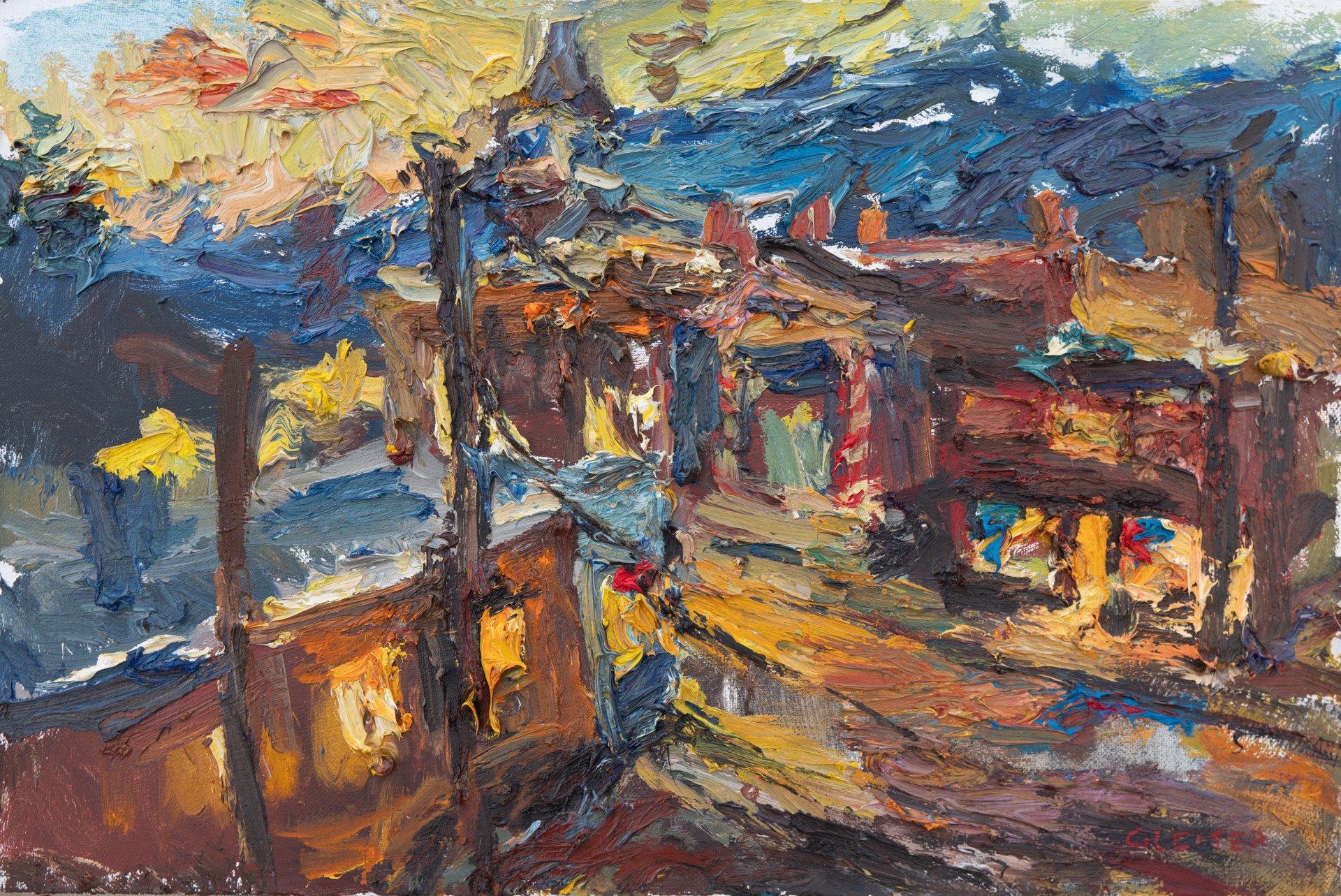 A thickly textured oil painting of a rustic village scene under autumn light.