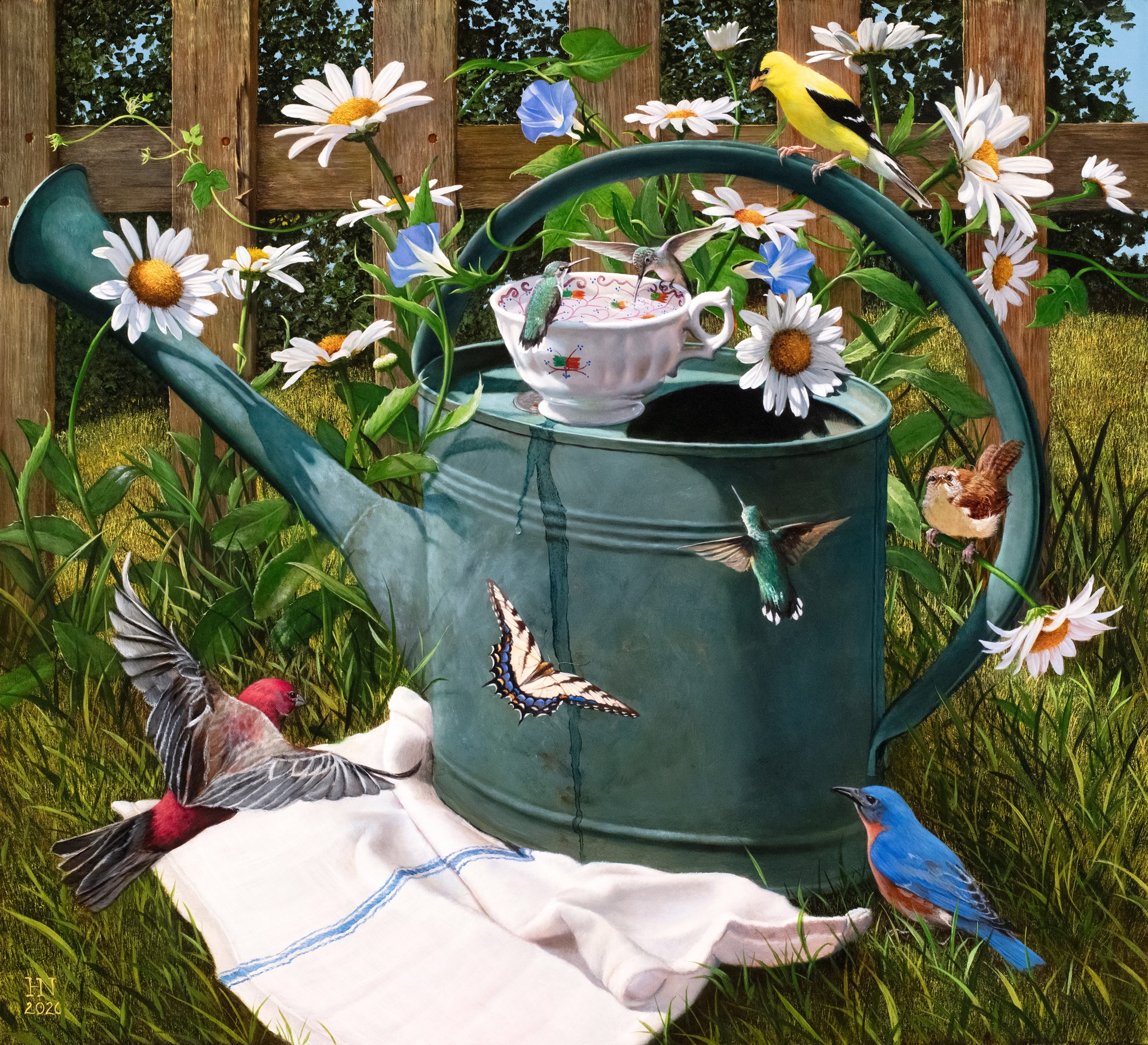 A whimsical garden scene featuring a green watering can surrounded by birds, butterflies, and flowers.