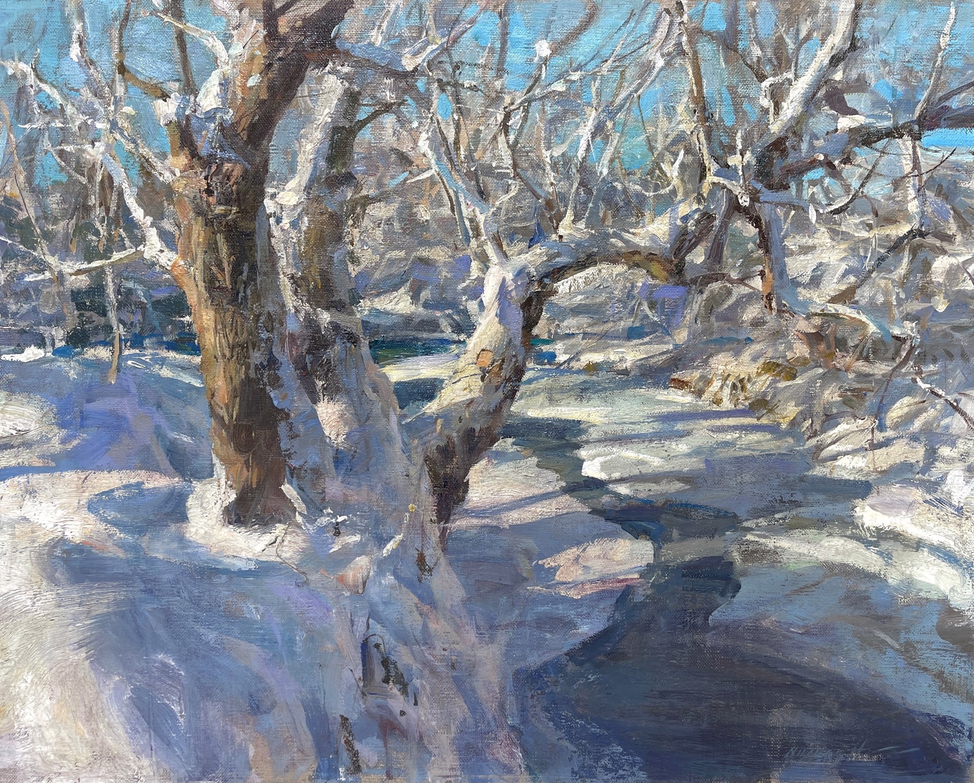 A textured winter landscape painting featuring snow-covered trees and a frozen stream.