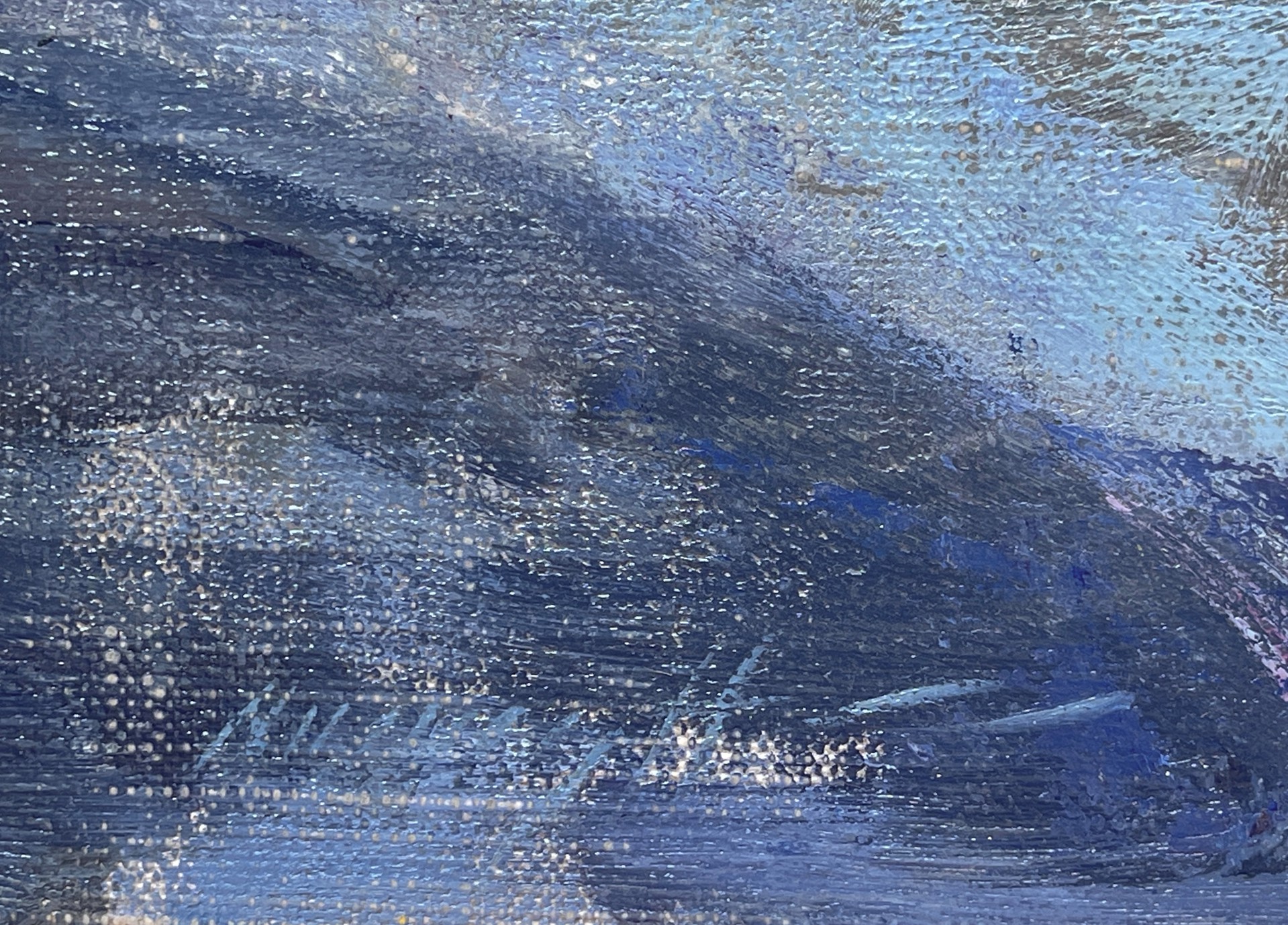 A textured winter landscape painting featuring snow-covered trees and a frozen stream.
