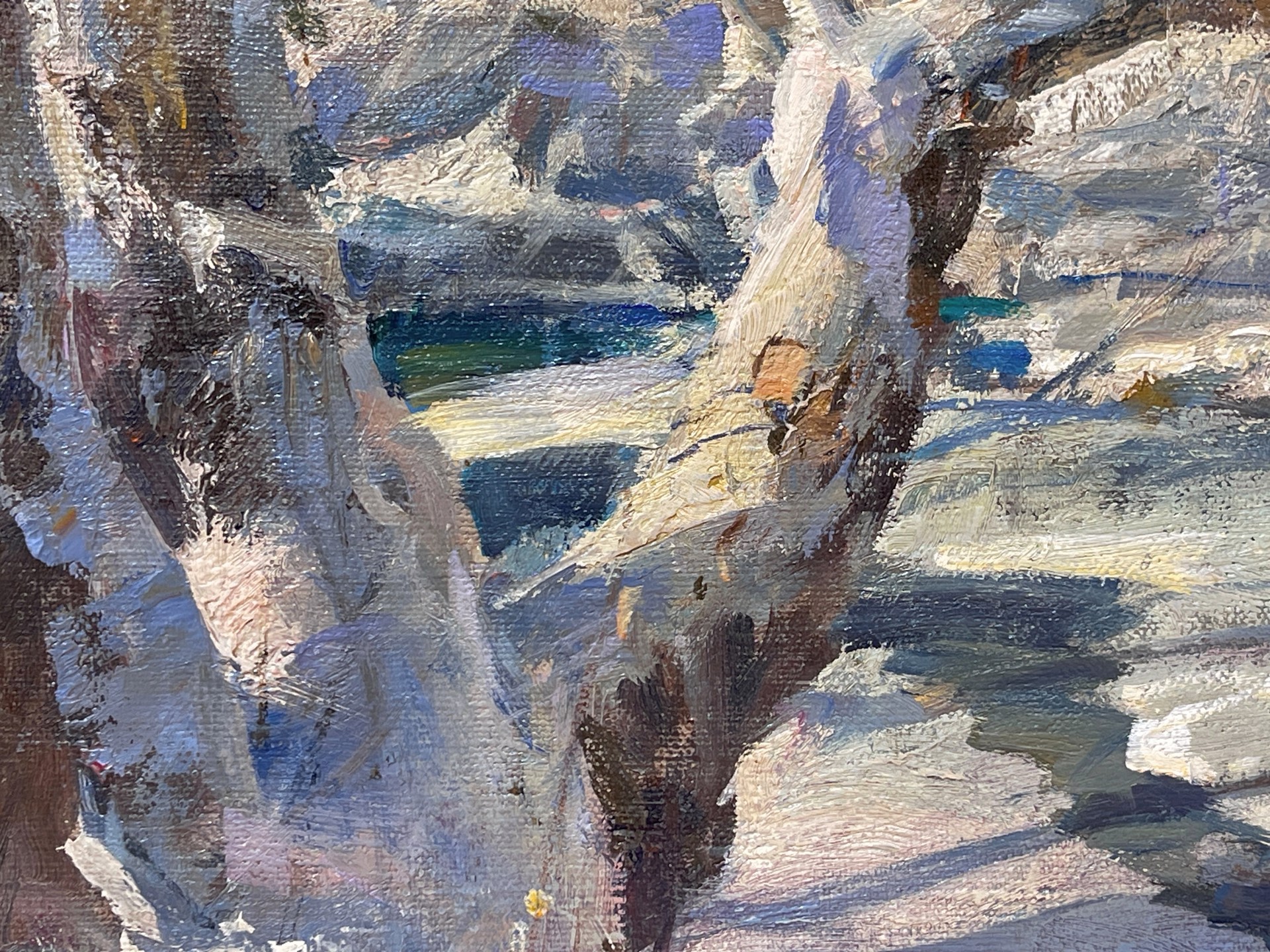 A textured winter landscape painting featuring snow-covered trees and a frozen stream.
