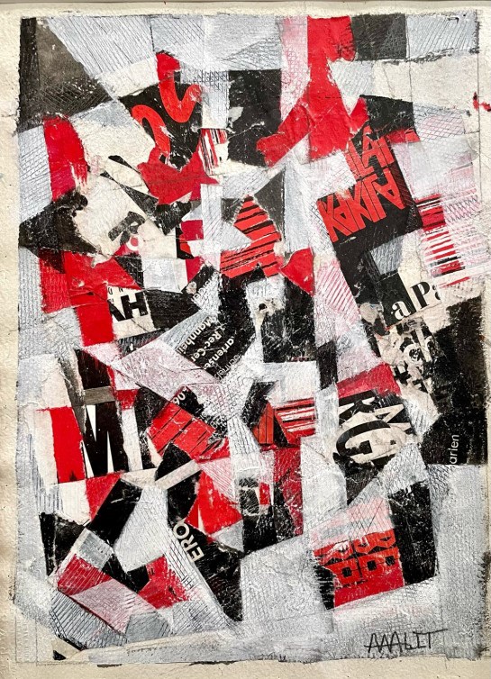 A chaotic collage of fragmented text and geometric shapes in bold red, black, and white.