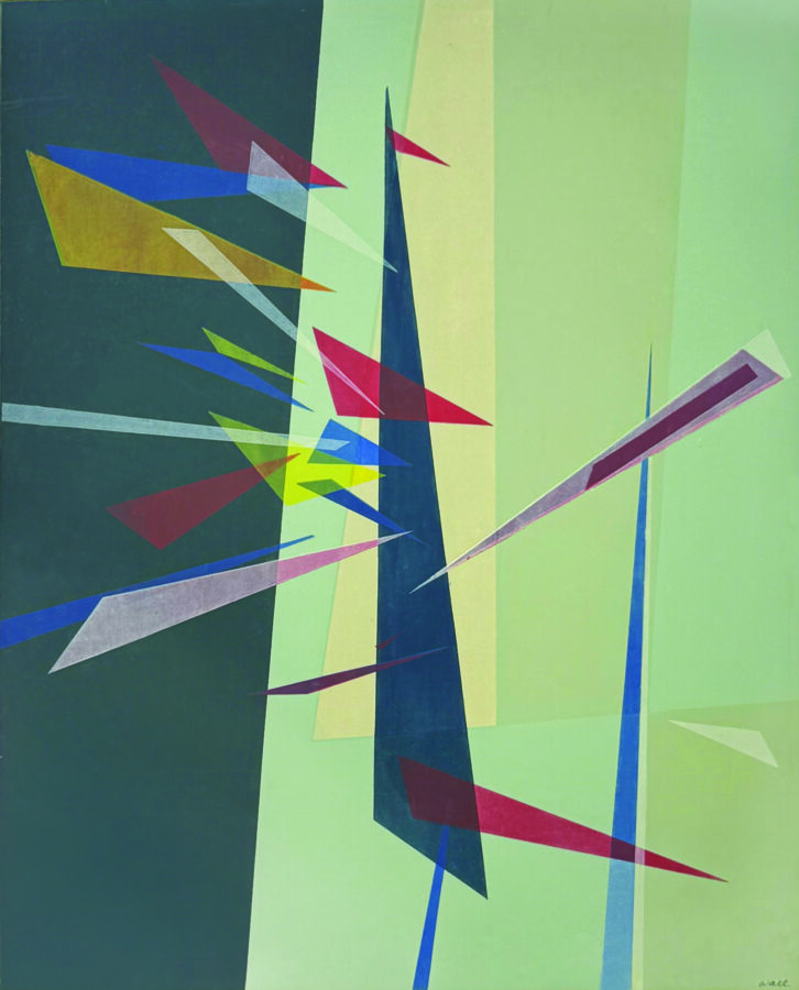 A dynamic abstract composition featuring sharp geometric shards and layered planes against a vertical gradient background.