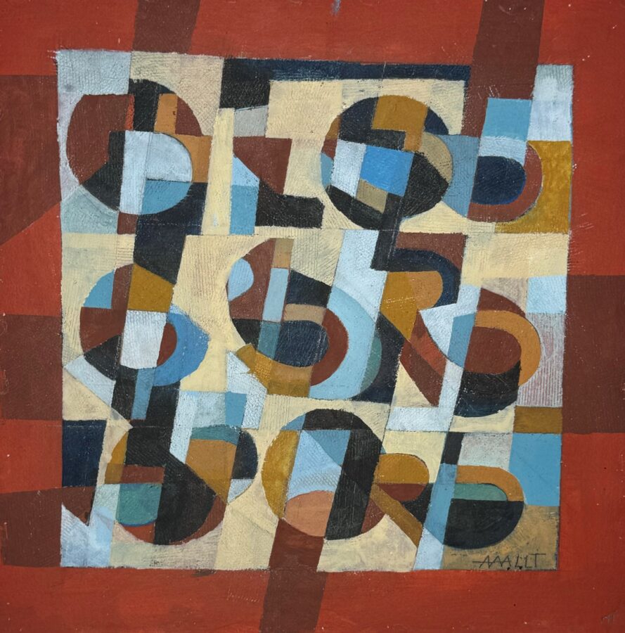 A geometric abstract composition featuring fragmented circles and rectangles in a warm, earthy palette.