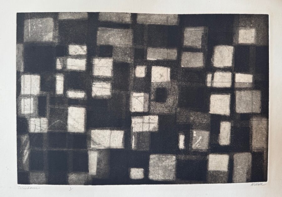 A monochromatic abstract composition of overlapping squares in varying shades of black, white, and gray.