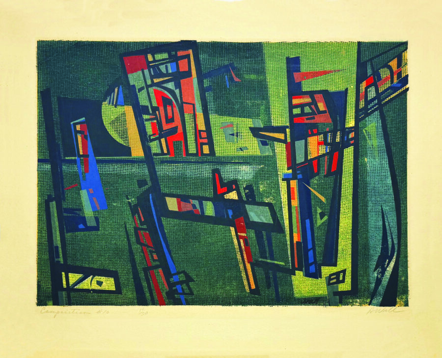 A vibrant abstract composition featuring a chaotic arrangement of geometric shapes and bold colors.