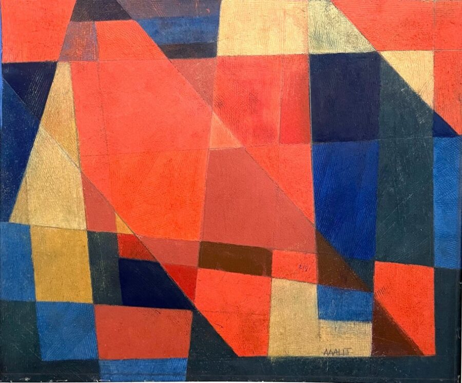 A vibrant abstract composition of geometric shapes in bold reds, blues, and yellows.