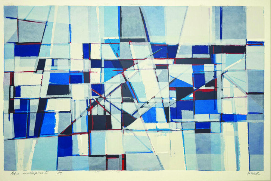 A dynamic abstract composition of intersecting geometric shapes in a cool blue palette.