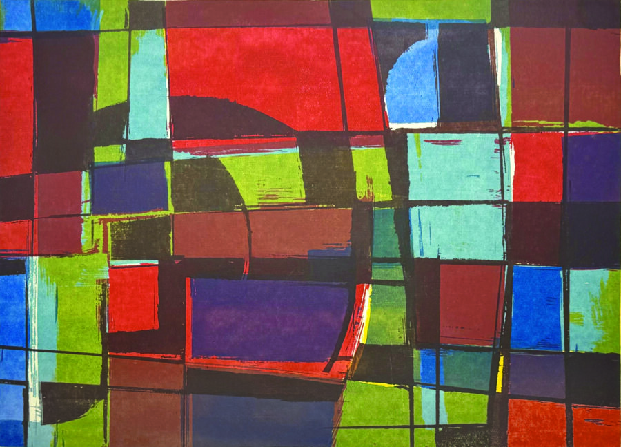 A bold abstract composition of overlapping geometric shapes in vivid primary and secondary colors.