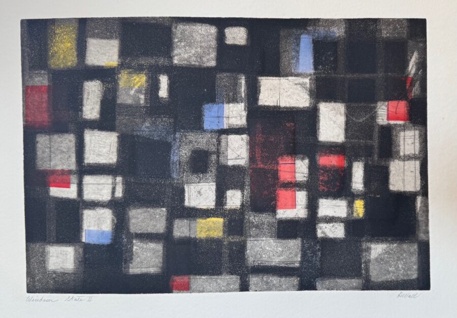 An abstract composition of overlapping squares in bold primary colors against a dark background.
