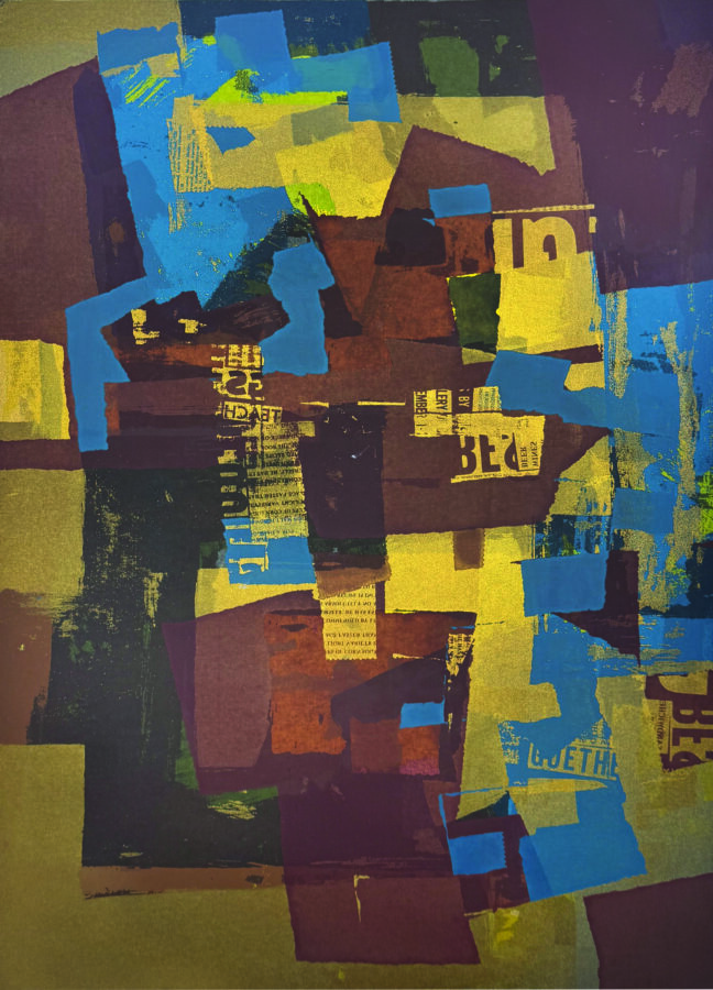 A vibrant collage of layered blocks and fragments in bold colors.
