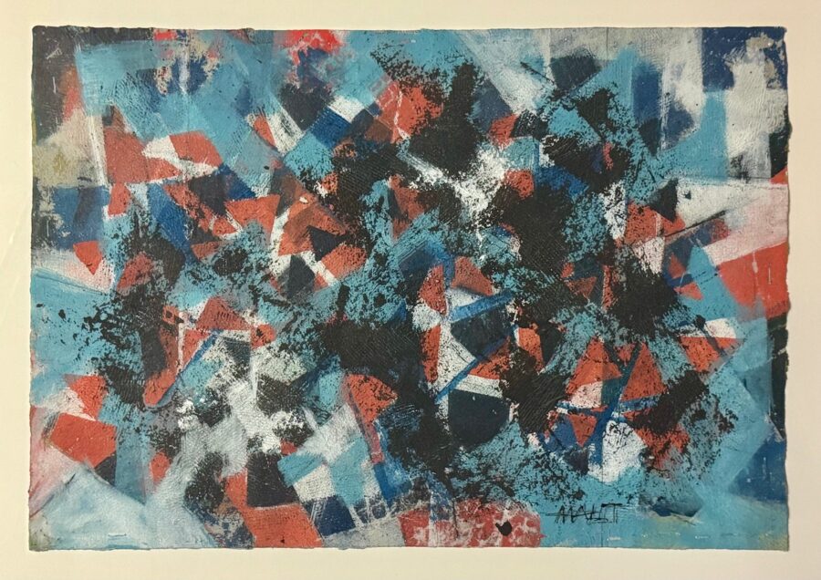 A dynamic abstract composition featuring a chaotic blend of geometric shapes in bold red, blue, and black.