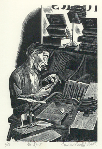 A monochromatic print of a figure intensely focused on a small object at a cluttered workbench.