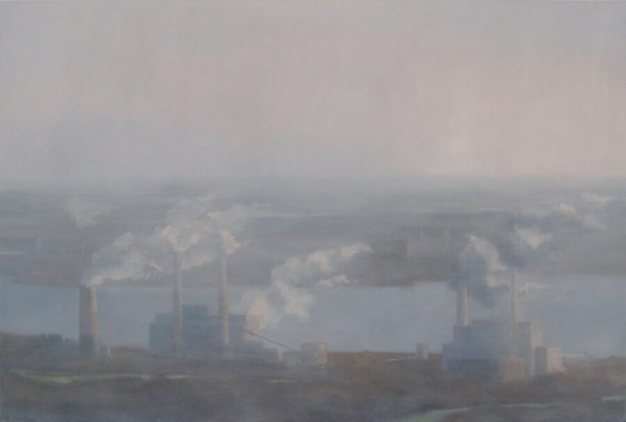 A hazy industrial landscape featuring multiple smokestacks emitting plumes of white vapor against a muted sky.