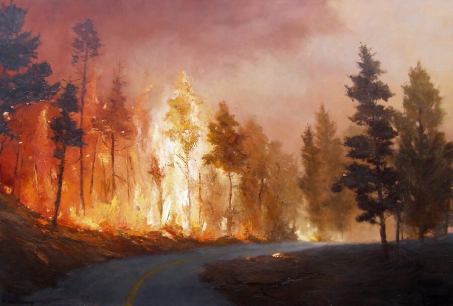 A dramatic landscape painting of a forest fire raging along a winding road.