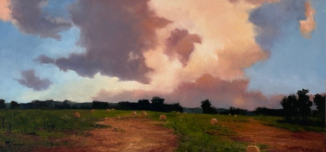 A dramatic landscape painting of a rural field under a massive, colorful sky.