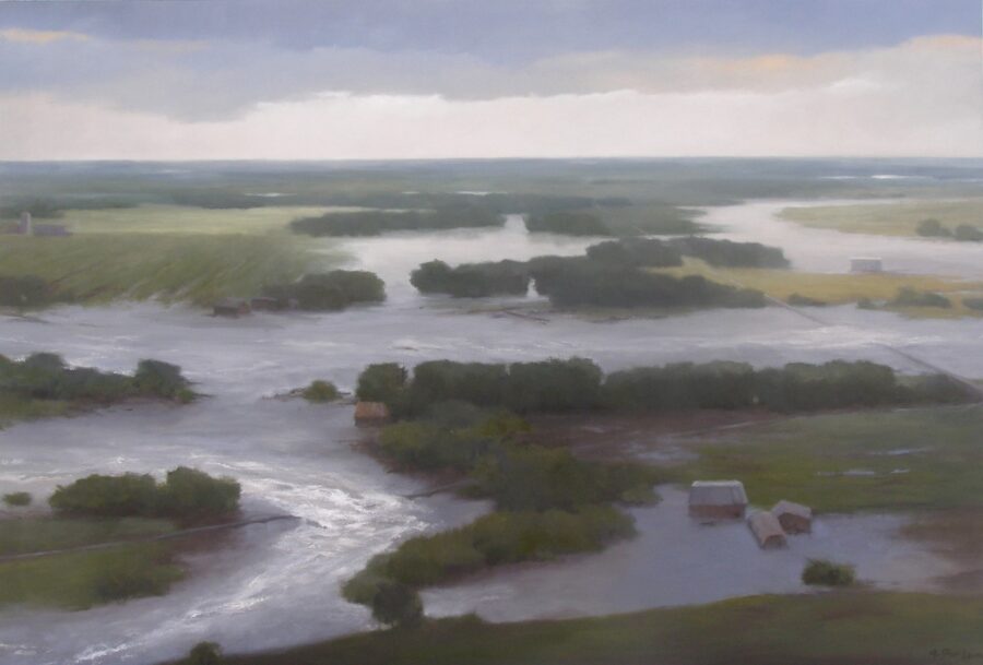 A landscape painting of a flooded rural area with submerged buildings and trees under an overcast sky.