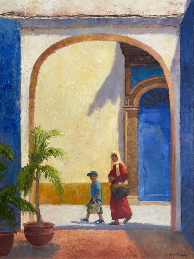 A sunlit courtyard scene featuring a woman and child walking through an archway.