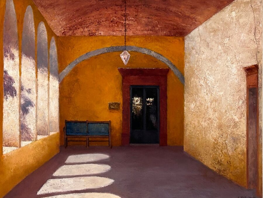 A sunlit corridor with a bench and door, rendered in warm ochre tones.