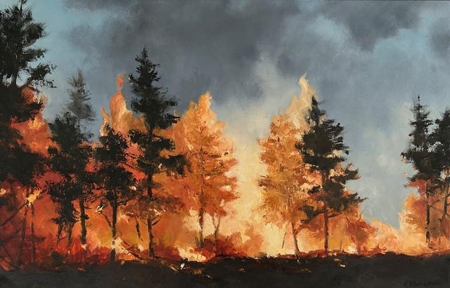 A dramatic forest fire scene with intense orange flames consuming trees under a dark, stormy sky.