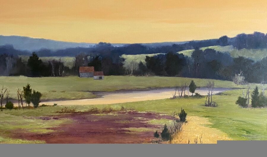 A serene landscape painting of a rural valley at golden hour.