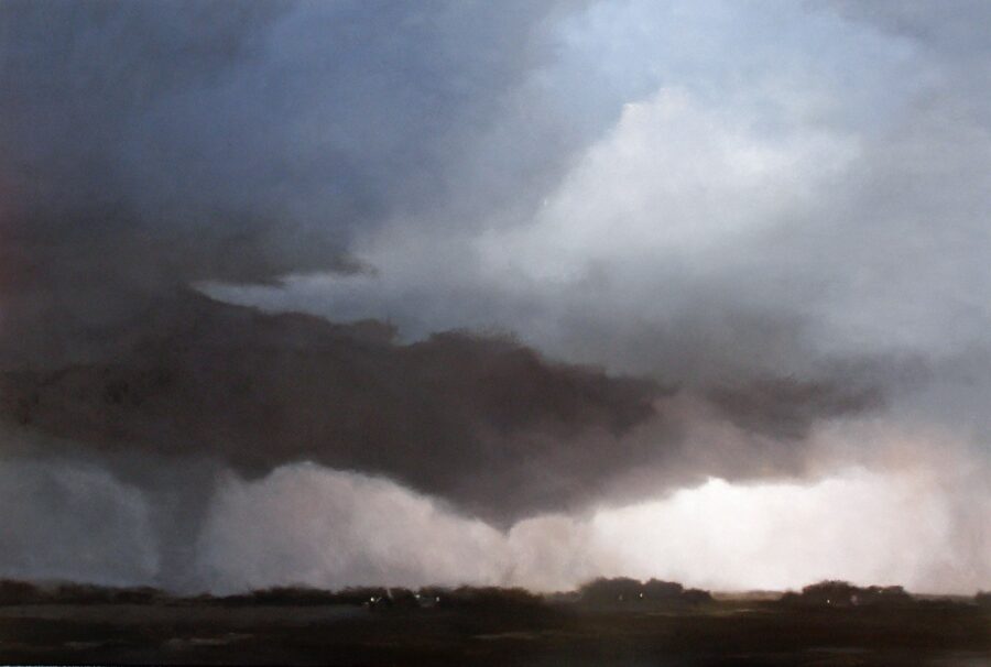 A dramatic landscape painting of a massive dark cloud formation hovering over a flat, silhouetted horizon.