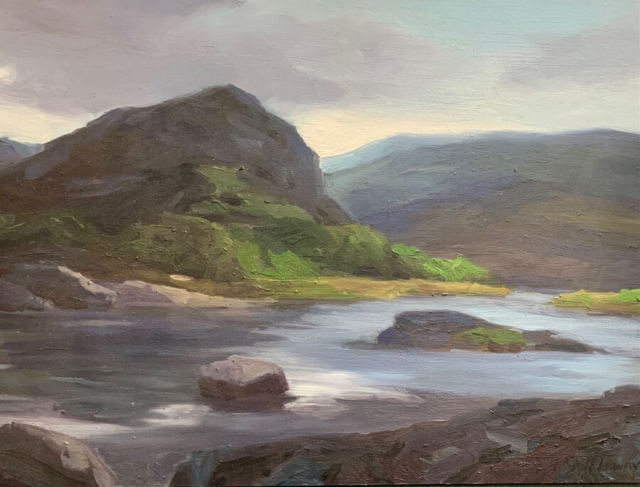 A serene landscape painting featuring a river flowing through a valley with distant mountains.