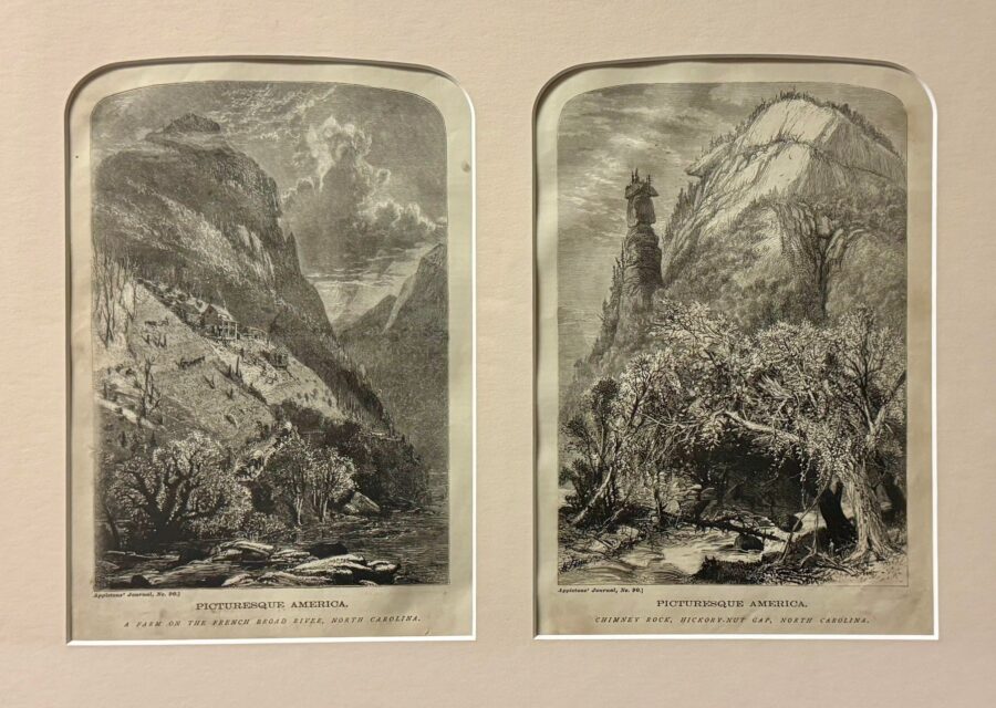 A pair of detailed black-and-white engravings depicting dramatic mountainous landscapes with rocky cliffs, trees, and distant peaks.